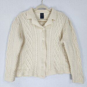 Paul James Sweater Women Medium Cream Wool Cable Knit Fisherman Cardigan England